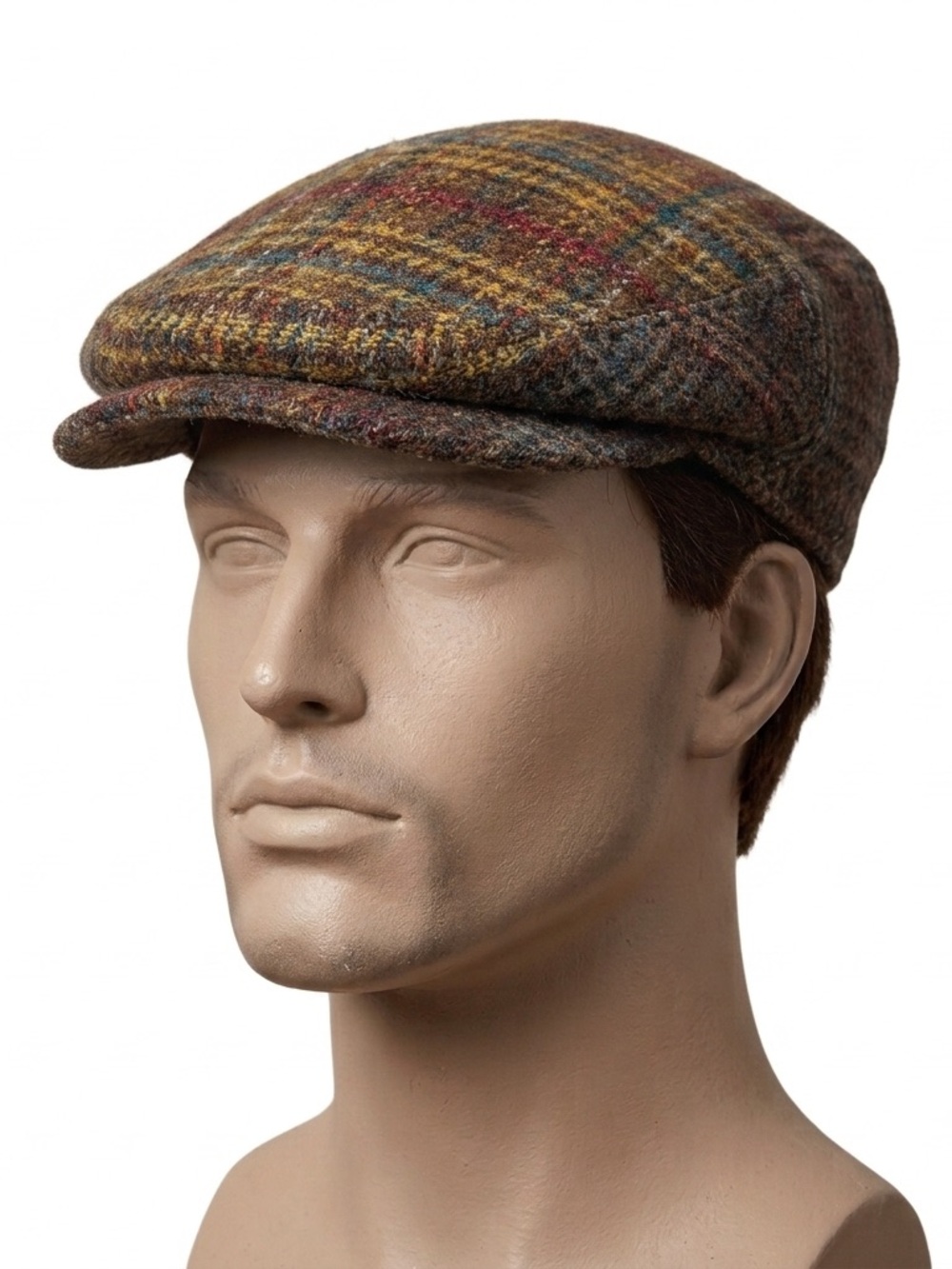Vintage Irish Tweed Flat Cap - Brown, Gold, Blue & Red Plaid - Handwoven Wool